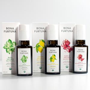 Bona Furtuna Infused organic olive oils garlic, lemon and basil in gift boxes