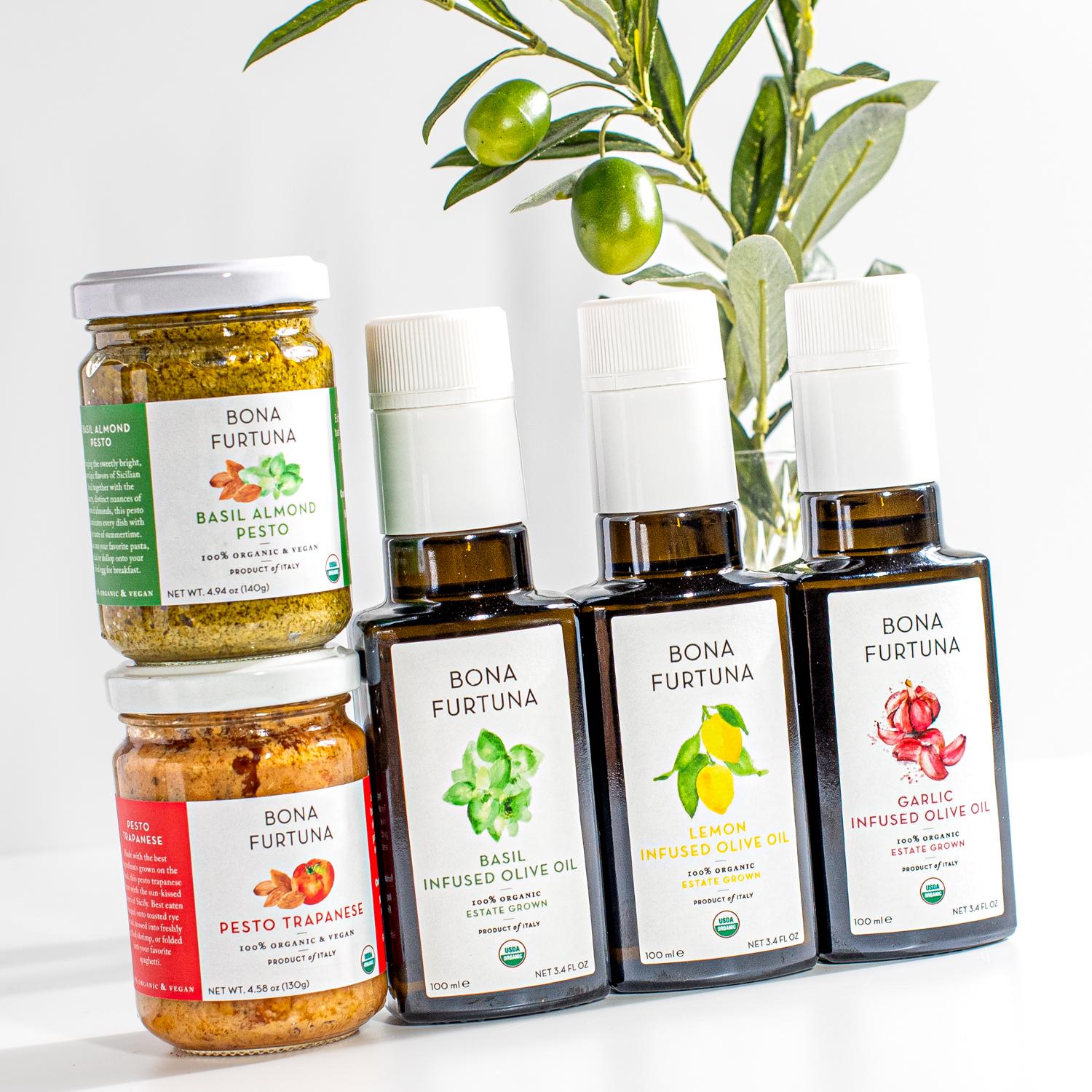 Bona Furtuna Infused Olie Oil and pesto gift set showing infused olive oils and two pestos