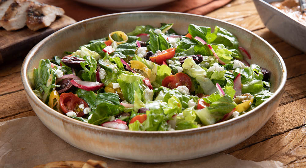 Greek Salad and Roasted Red Pepper Tzatziki With Pita