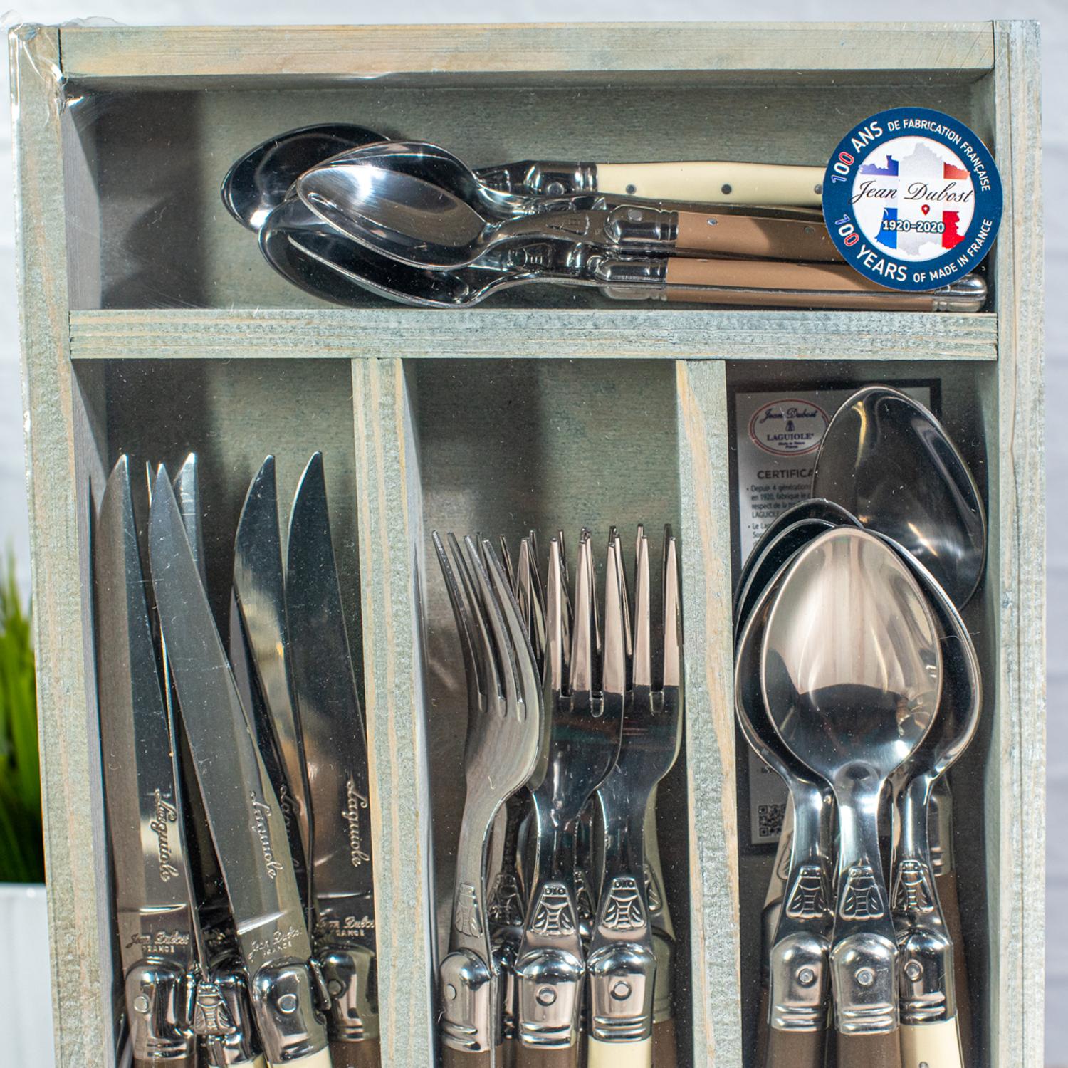 Jean Dubost Laguiole 24 piece flatware set linen