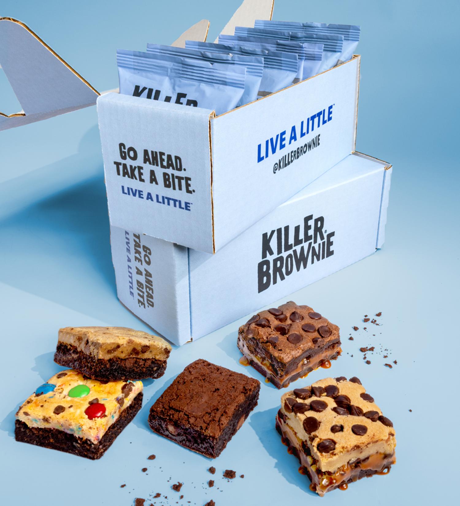 Killer-Brownie-Packaging-Box-Assortment with two chocolatier, one kitchen sink, one triple chocolate, one cookie dough and one brookie