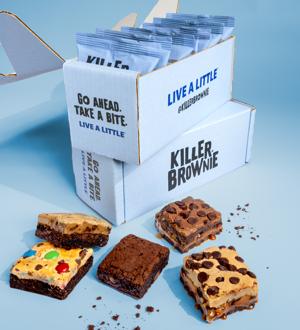 Killer-Brownie-Packaging-Box-Assortment with two chocolatier, one kitchen sink, one triple chocolate, one cookie dough and one brookie