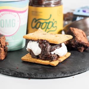 Killer Brownie S'mores kit featuring Killer Brownie, Coop's Hot Fudge, hudson valley chocolate grahams, XO Marshmallow Fluff