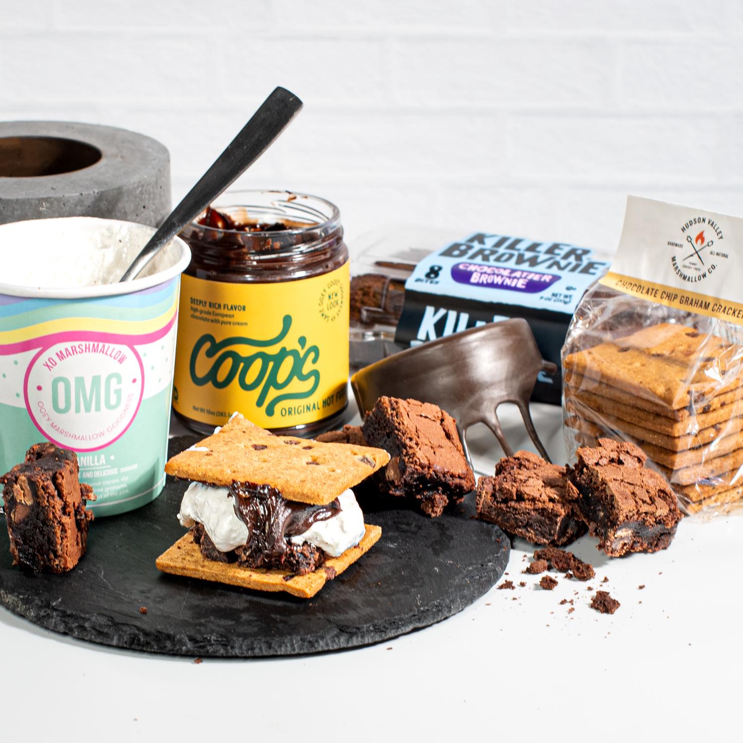 Killer Brownie S'mores kit featuring Killer Brownie, Coop's Hot Fudge, hudson valley chocolate grahams, XO Marshmallow Fluff