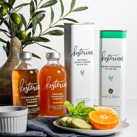 Kosterina Olive Oil and Vinegar Gift Set with green goddess olive oil from greece, organic olive oil, tangerine vinegar, cucumber lemon balsamic vinegar