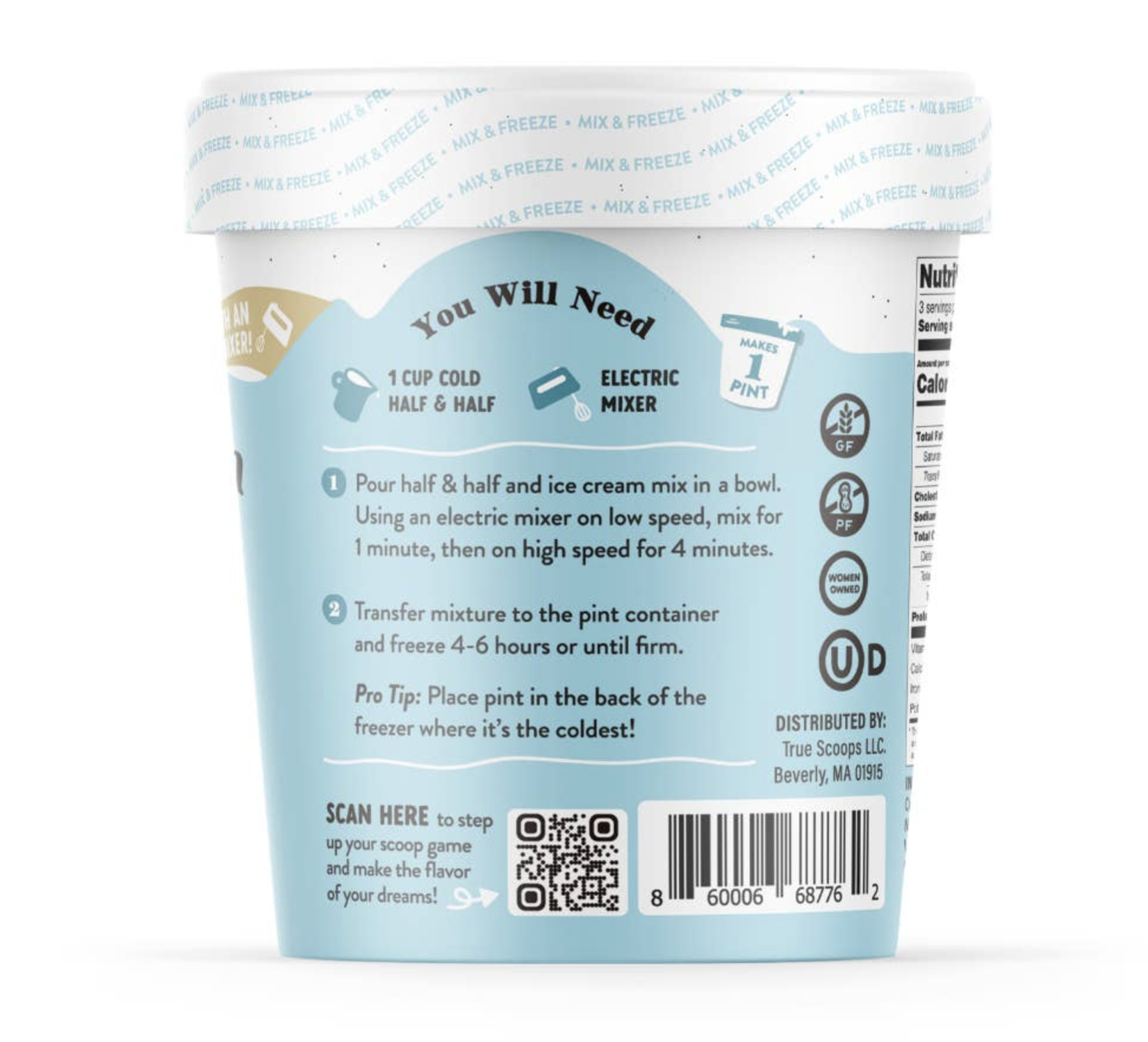 True Scoops Vannila Bean Ice Cream Mix back showing ingredients and serving suggestions.