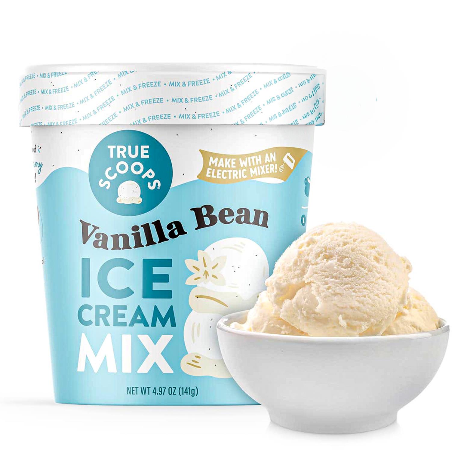 True Scoops Vannila Bean Ice Cream Mix with a bowl of homemade vanilla bean ice cream in white bowl