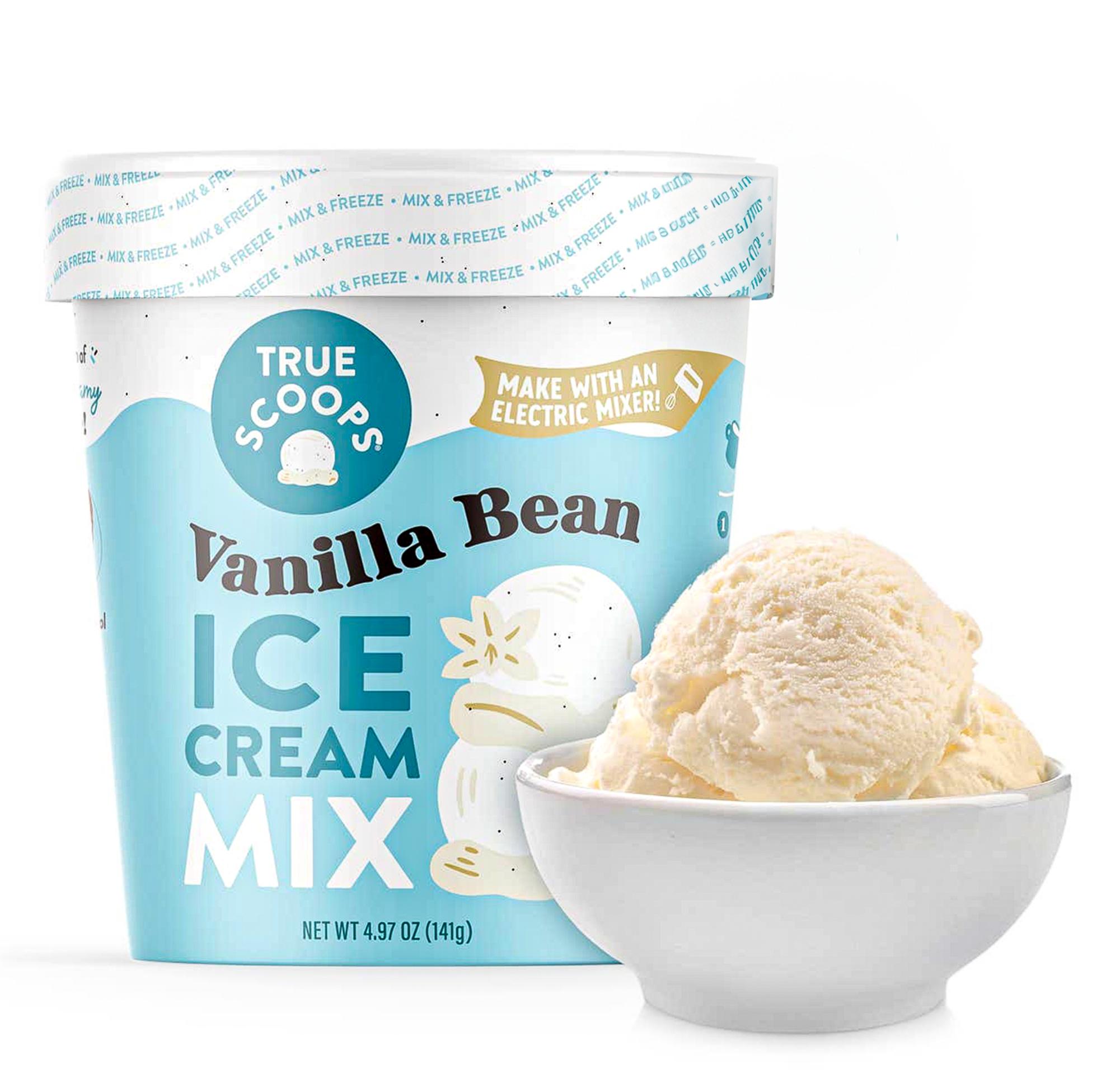 True Scoops Vannila Bean Ice Cream Mix with a bowl of homemade vanilla bean ice cream in white bowl