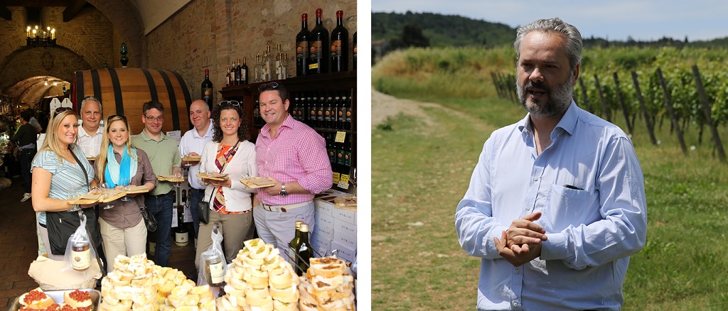 A trip abroad a few years back took several DLM food explorers, left, to Tuscany. One stop was at the estate of Count Sebastiano Capponi, right, whose beautiful wine we carry.