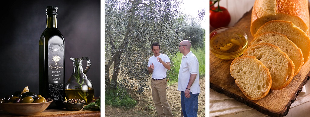 The olives used in our Vera Jane’s Extra-Virgin Olive Oil are grown on the Zanetti family’s estate. This olive oil has flavor, balance, and a peppery kick. Middle, Alex Zanetti shows DLM’s Scott Achs the olive grove.