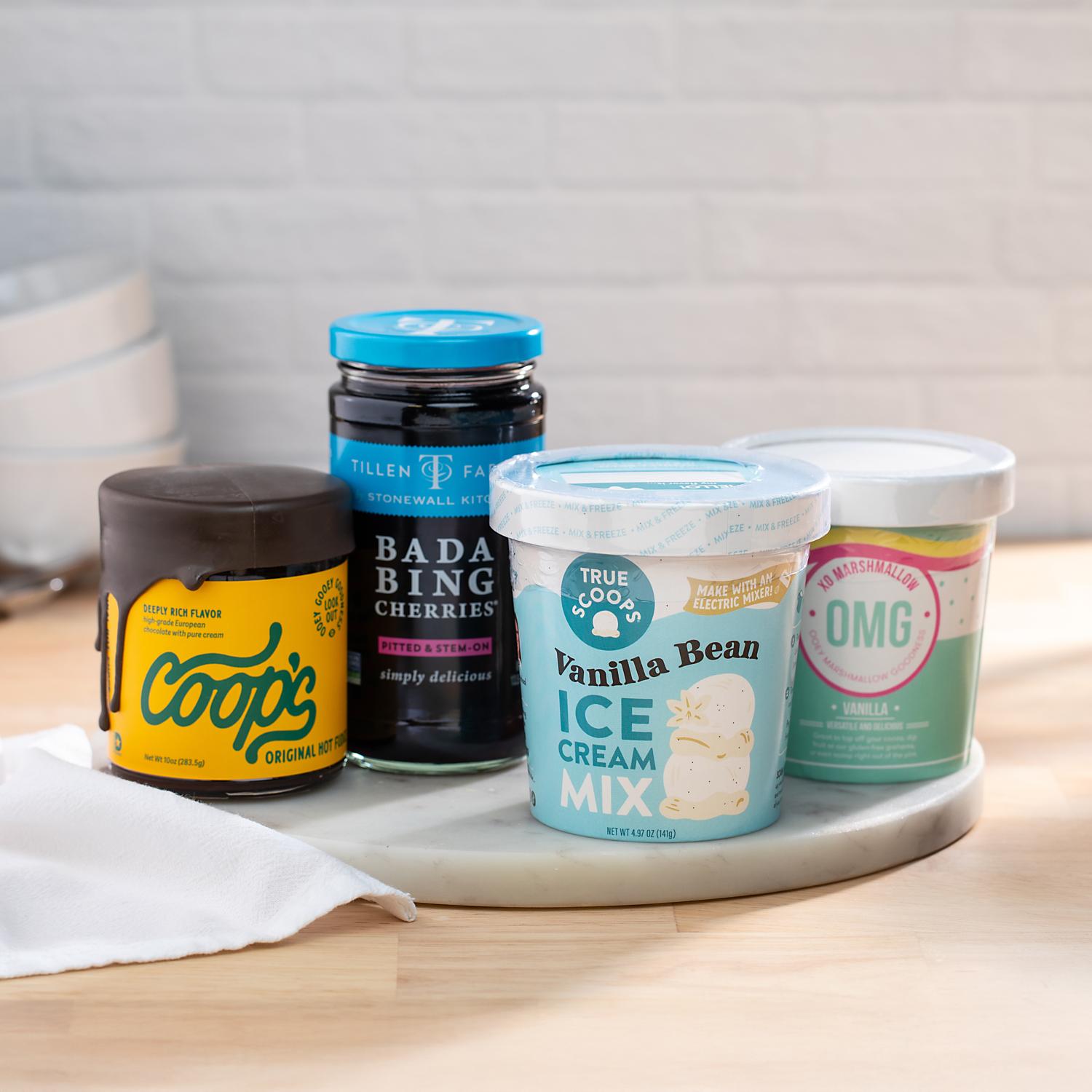 Vanilla Ice Cream Kit with Coops hot fudge, bada bing cherries, true scoops vanilla ice cream mix and OMG vanilla fluff