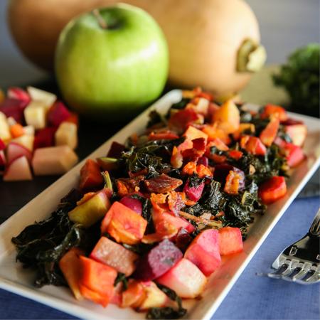 Bacon-Braised Kale with Roasted Vegetables