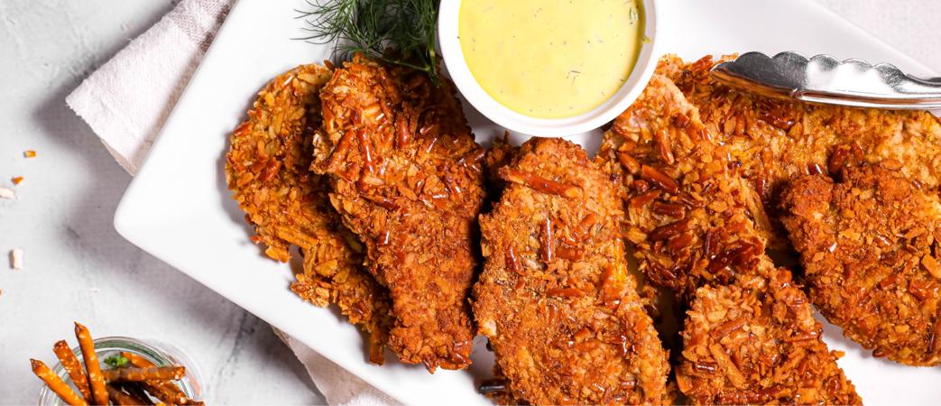 Pretzel Pork Tenderloin With Mustard Dill Sauce