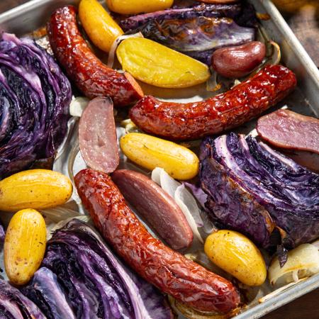 Sheet Pan German Sausage, Potatoes, and Cabbage