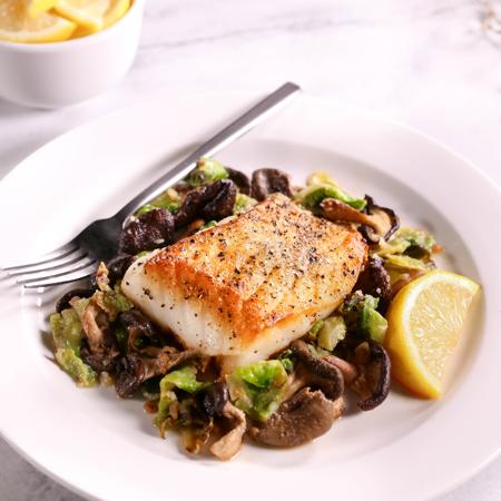 Pan-Seared Halibut With Mushrooms and Brussels Sprouts