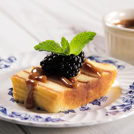 DLM Grilled Pound Cake with Blackberries and Caramel