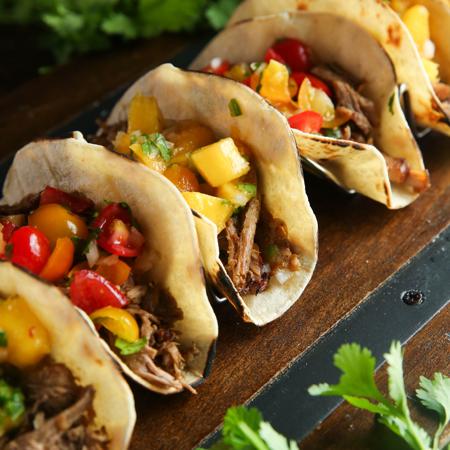 Carnitas Tacos with Summer Peach & Tomato Salsa