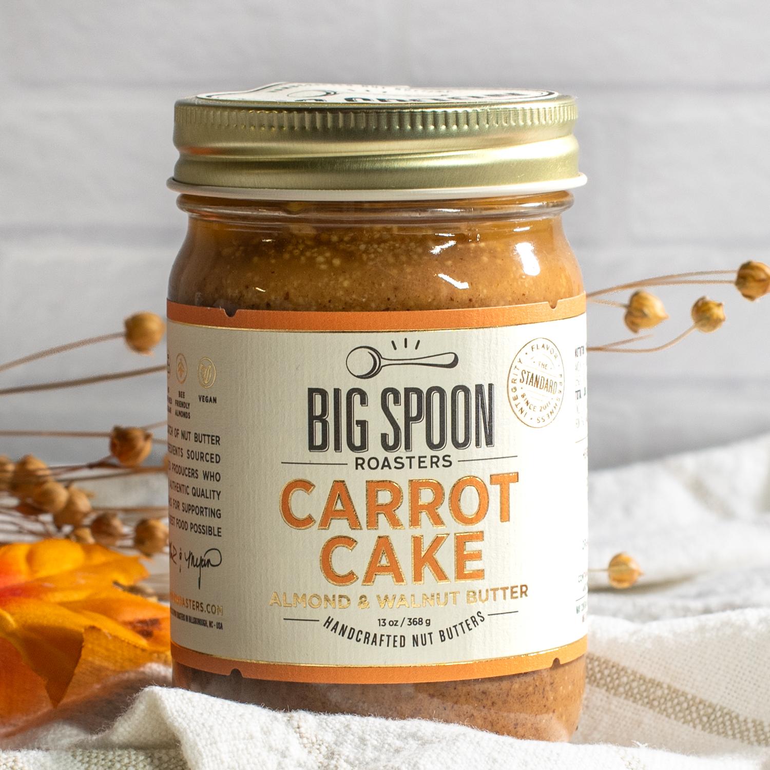 arrot Cake almond and walnut butter full size 13 oz jar with maple syrup, cinnamon, allspice an nutmeg
