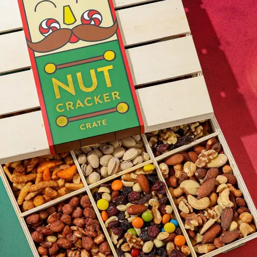 Nut Cracker themed Bonnie and Pop Savory snacker stash holiday edition with 6 nuts
