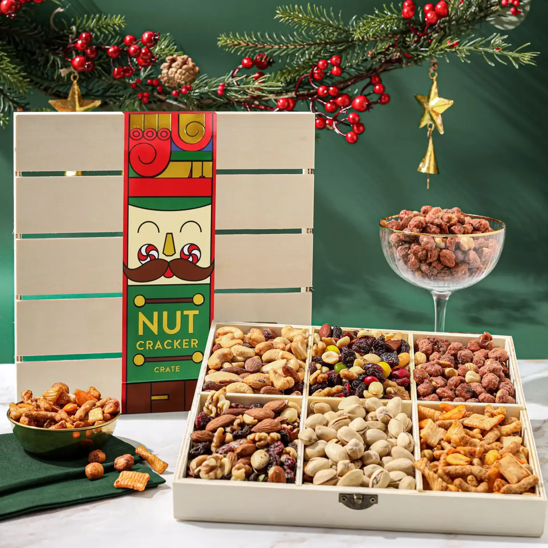 Nut Cracker themed Bonnie and Pop Savory snacker stash holiday edition with 6 nuts shown serving for a holiday party
