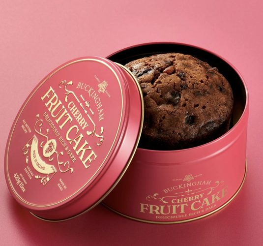 Buckingham Cherry Fruit Cake in vintage red gift tin