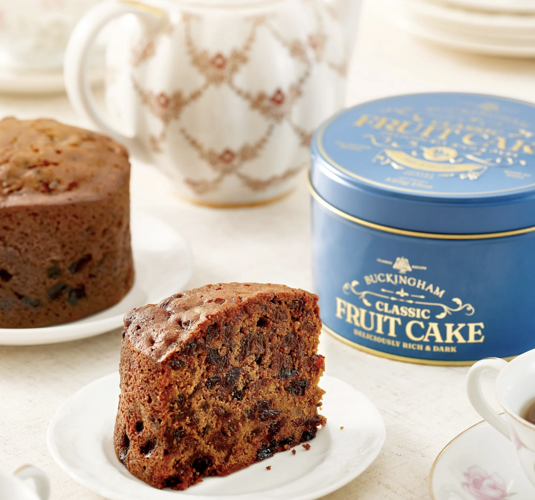 Buckingham Classic Fruit Cake in blue tin deliciously rich and dark all butter recipe luxury blue tin