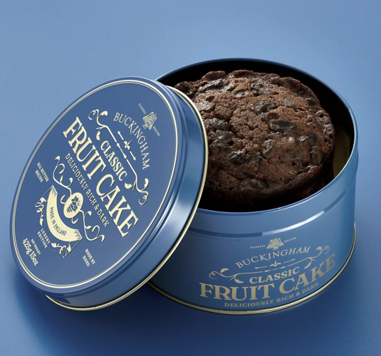 Buckingham Classic English Fruit Cake in a vintage-style blue gift tin
