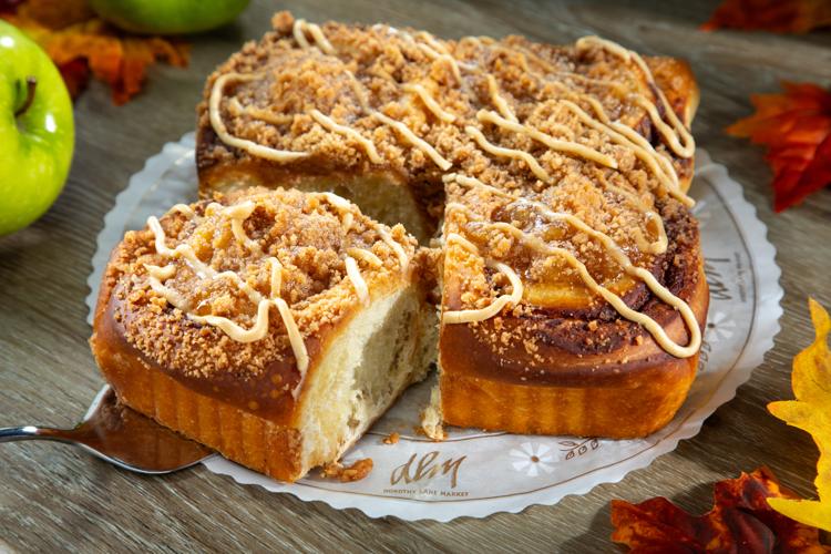 Caramel Apple Cinnamon Rolls for Fall on serving plate ready to eat
