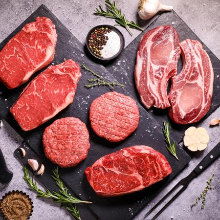 DLM Butcher's Best Box with Prime Ribeye and NY Strip Steaks from Niman Ranch, Kurobuta Pork Chops and Grass Fed Ground Beef