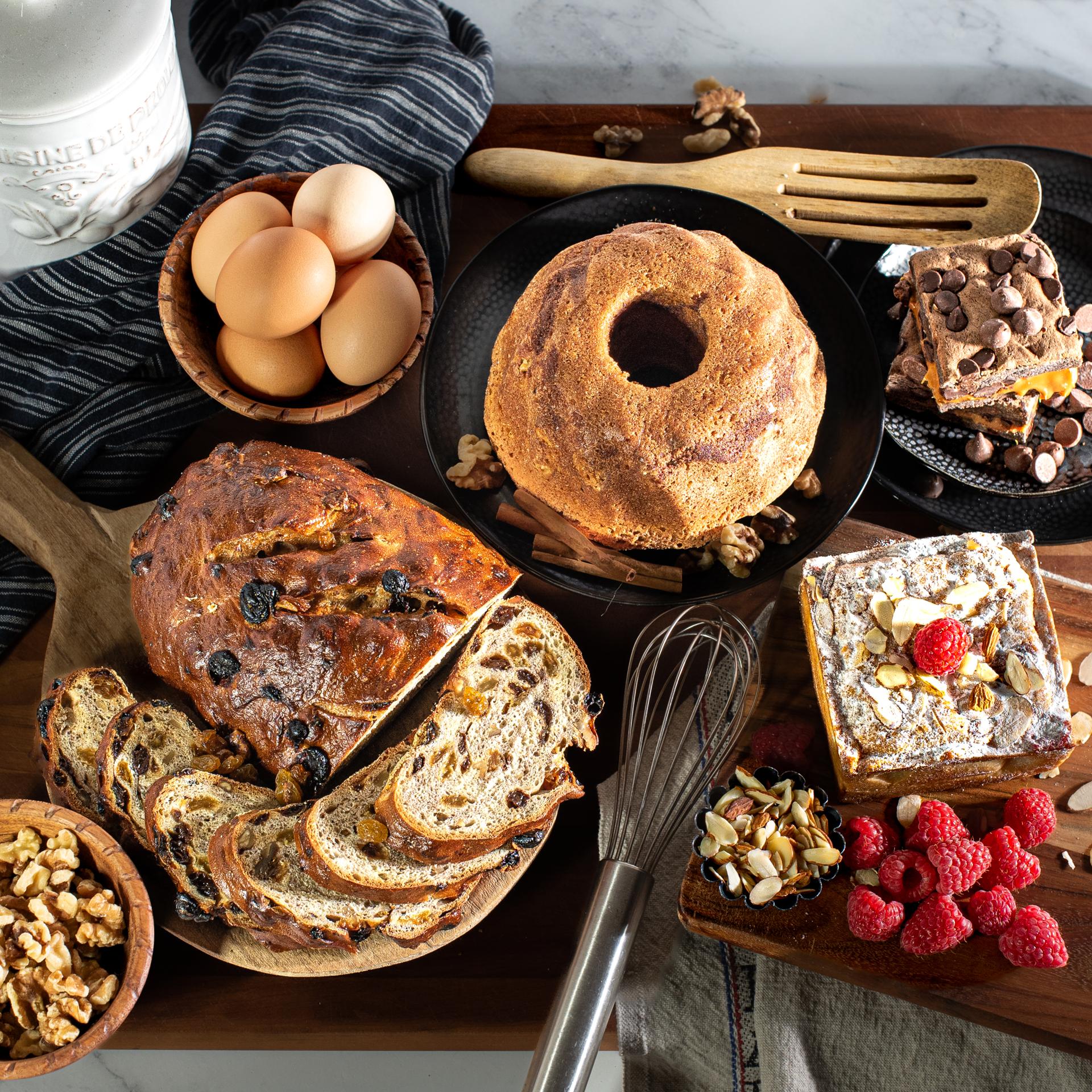 DLM Signature Bakery Box with bakewell tart, coffee cake, artisan bread and Killer Brownies