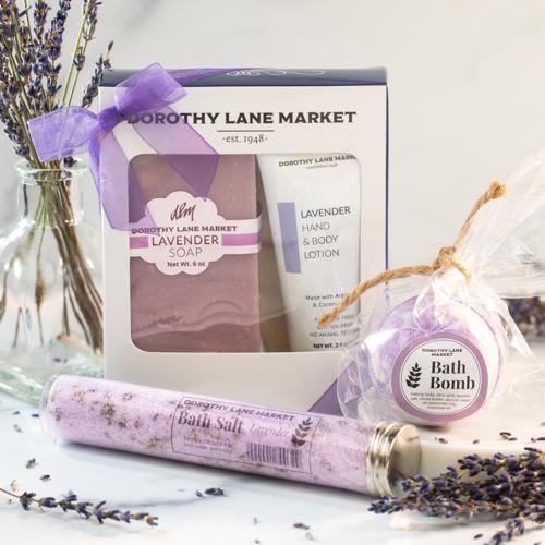 DLM Lavender Fields Day at the Spa Gift Box with soap, bath bomb, bath salts and lotion from local Ohio makers with clean ingredients