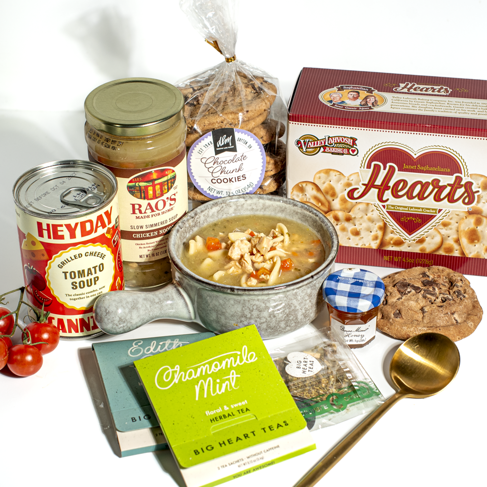 Dorothy Lane Market Get Well Soon Gift with soup, tea and chocolate chip cookies.  