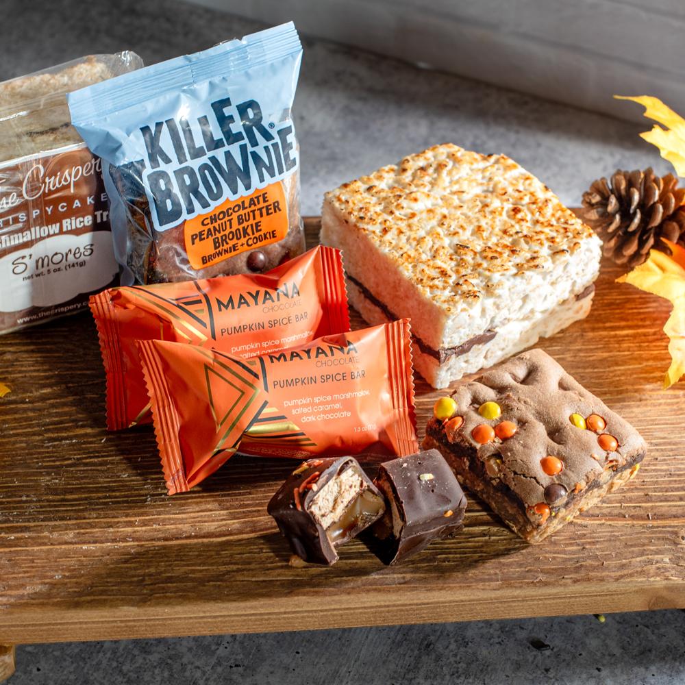 Fall Sweet Treats Trio with Mayana candy bars, killer brownie chocolate peanut butter brownies with Reese's pieces