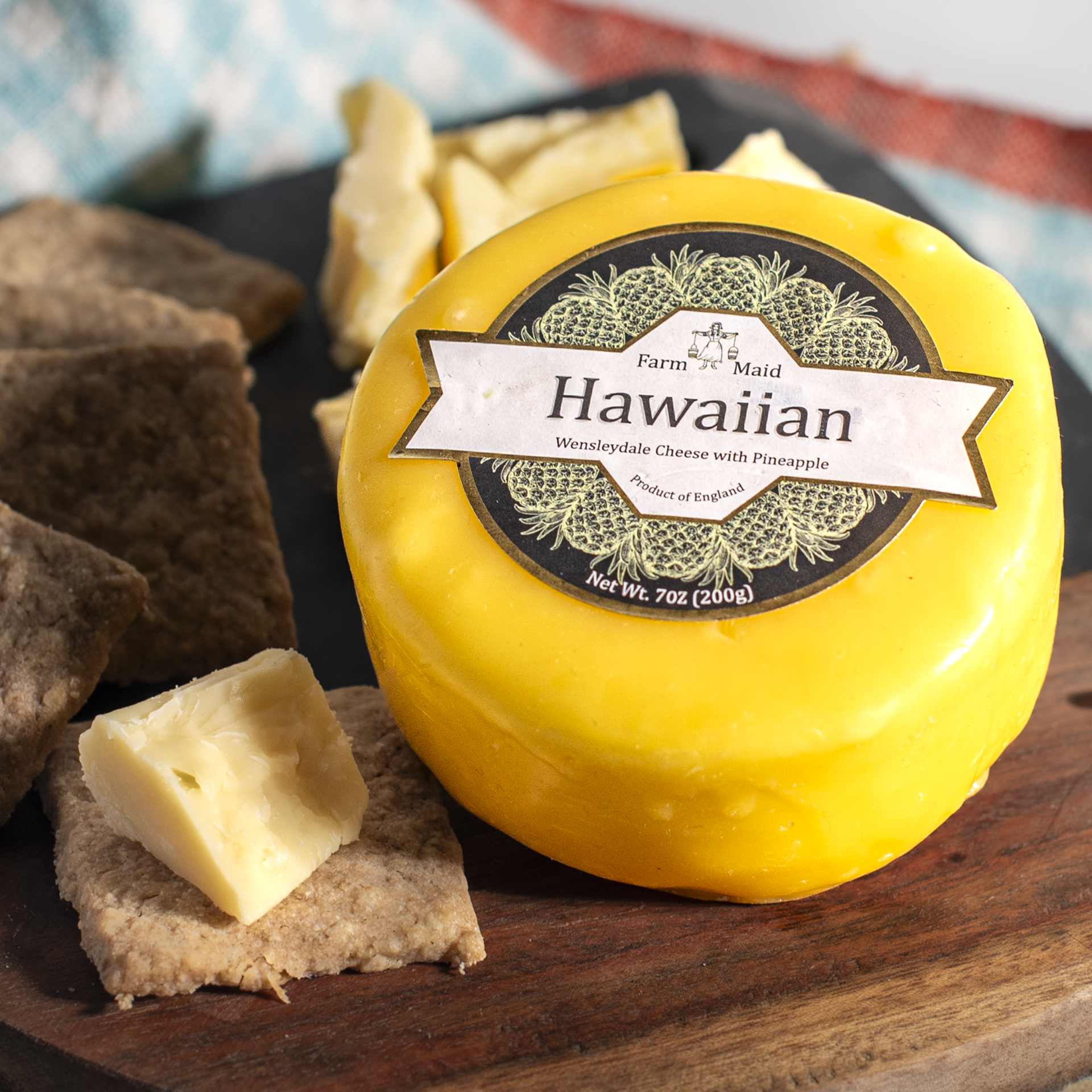 Farm Maid Hawaiian Wensleydale cheddar truckle