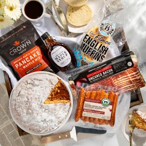 Father's Day Breakfast in Bed Gift Box with coffee cake, bacon and sausage and blue oven bakery english muffins