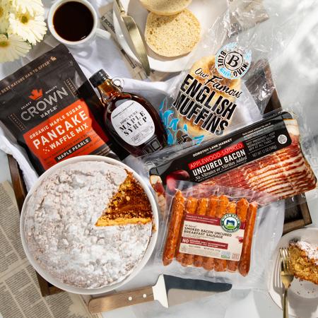 Father's Day Breakfast in Bed Gift Box with coffee cake, bacon and sausage and blue oven bakery english muffins
