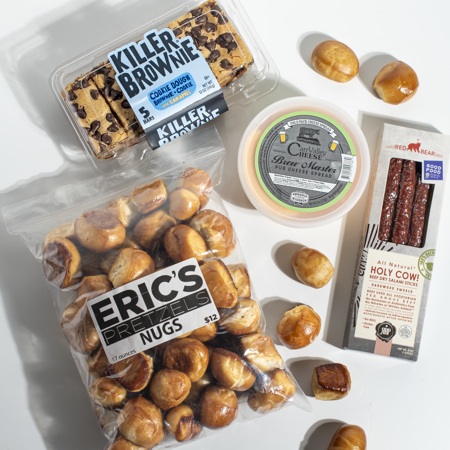 Gameday Snack Box with Eric's Pretzel Nuts, Killer Brownie bars, beer cheese and red bear provisions