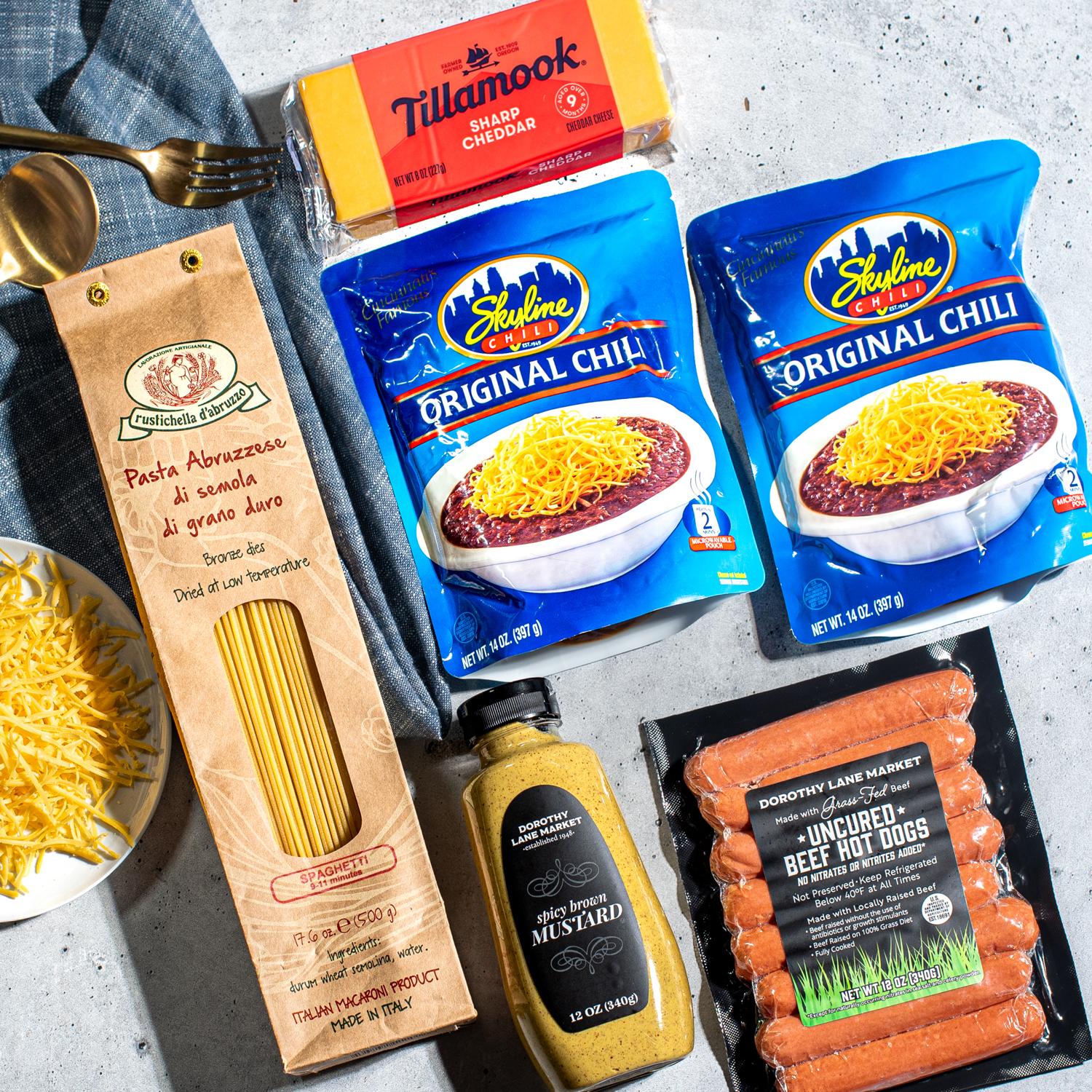 Gourmet Cincinnati CHili Kit Skyline Pouches and Tillamook Cheddar