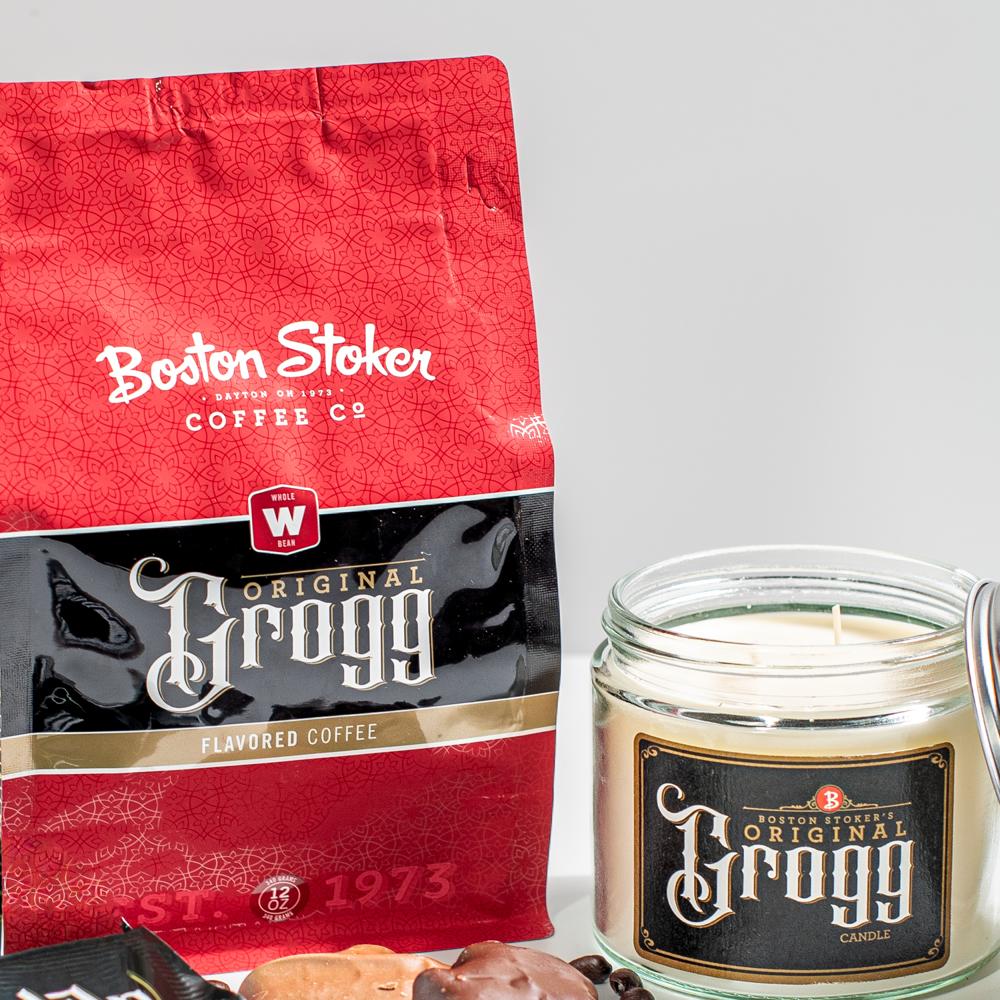 Grogg Lover's Gift box with whole bean original grogg coffee and a grogg scented candle