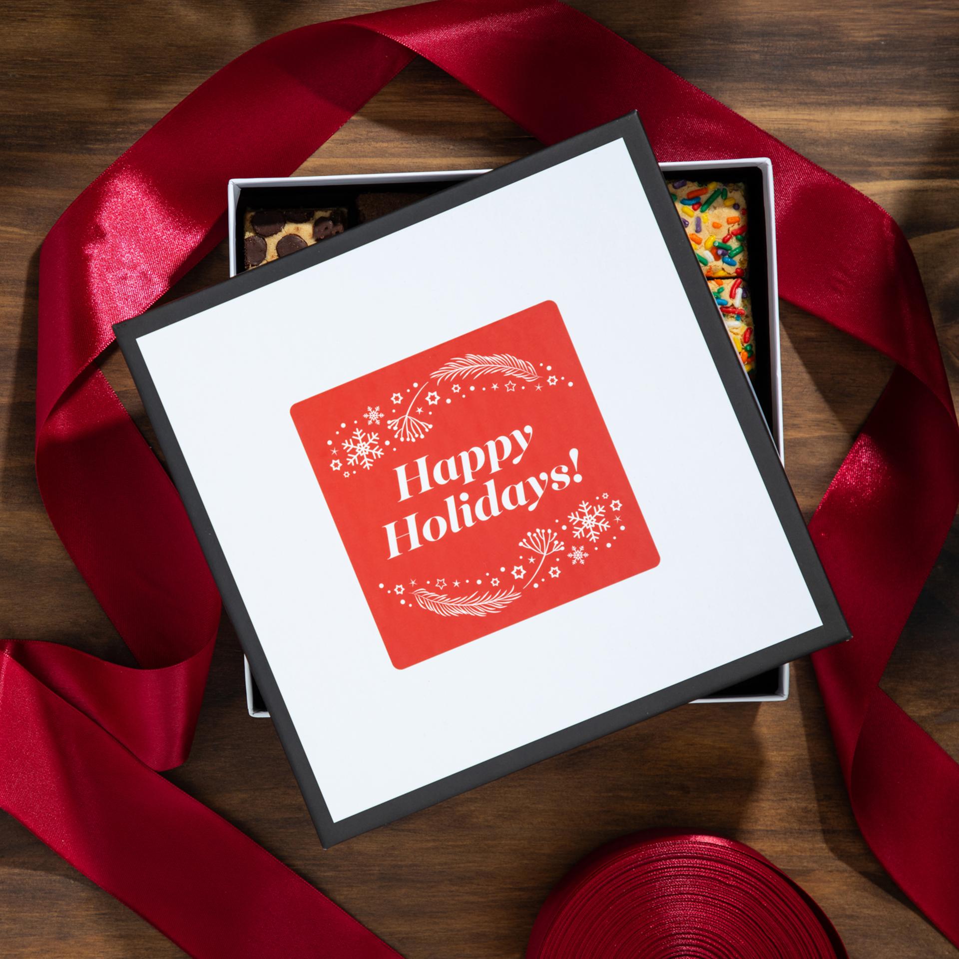 Happy Holidays Gift Box with 16 count bite Killer Brownies with red ribbon for gifting