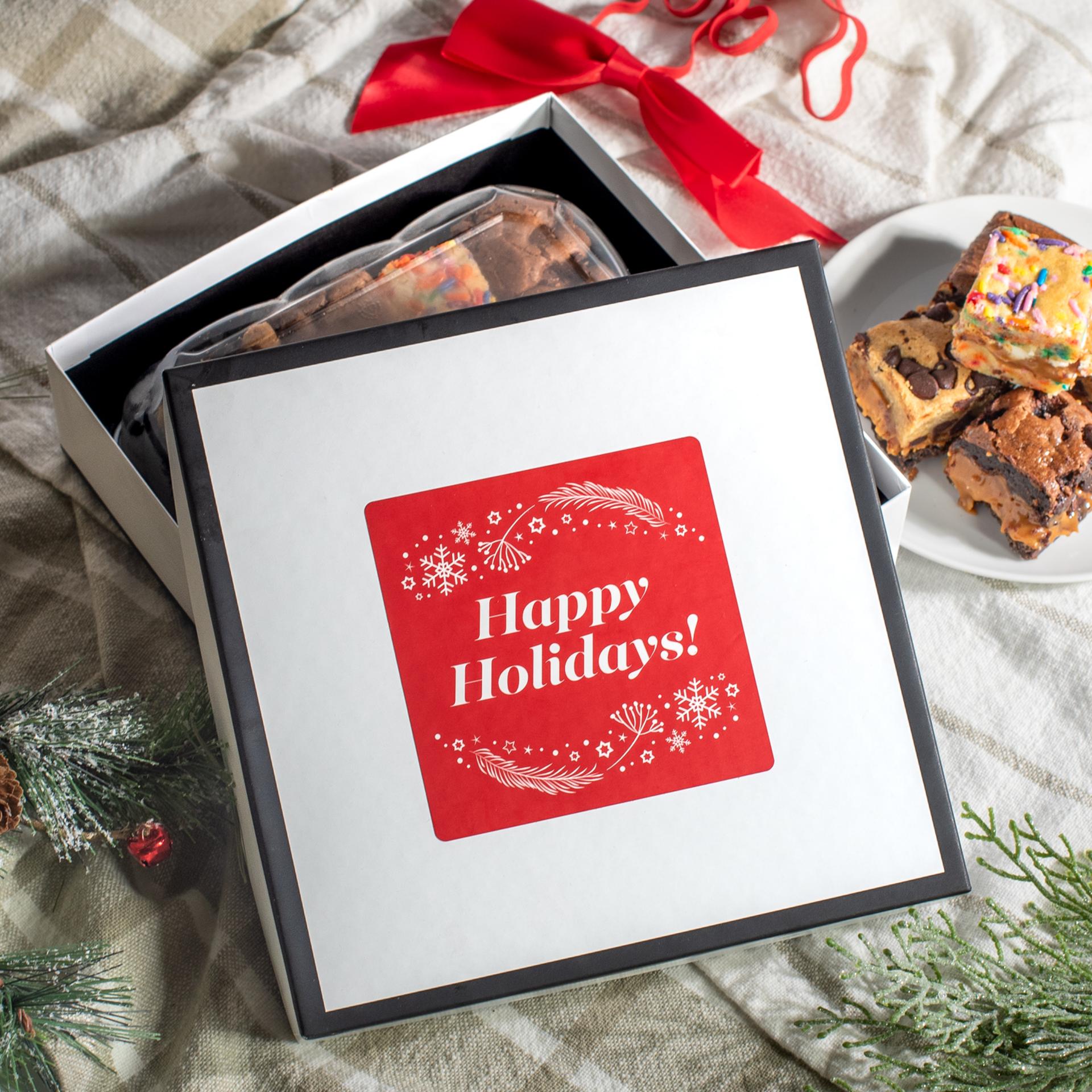 Happy Holidays Killer Brownie Bites Gift Box, 4 confetti brownie bites, 4 original brownie bites, 4 cookie dough bites, 4 triple chocolate brownie bites