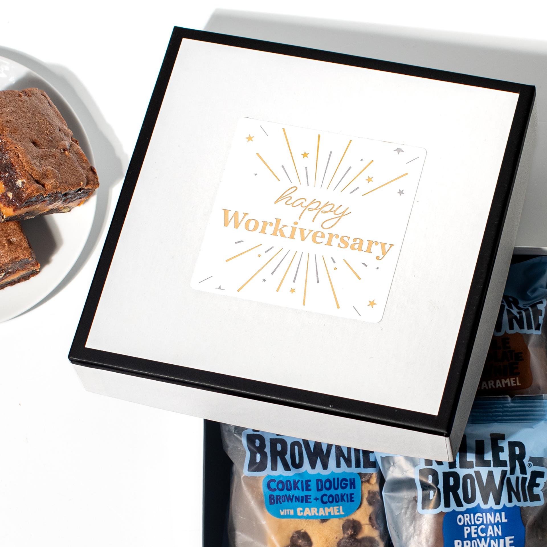 Happy Workiversary Gift Box filled with 4 killer brownie treats with caramel