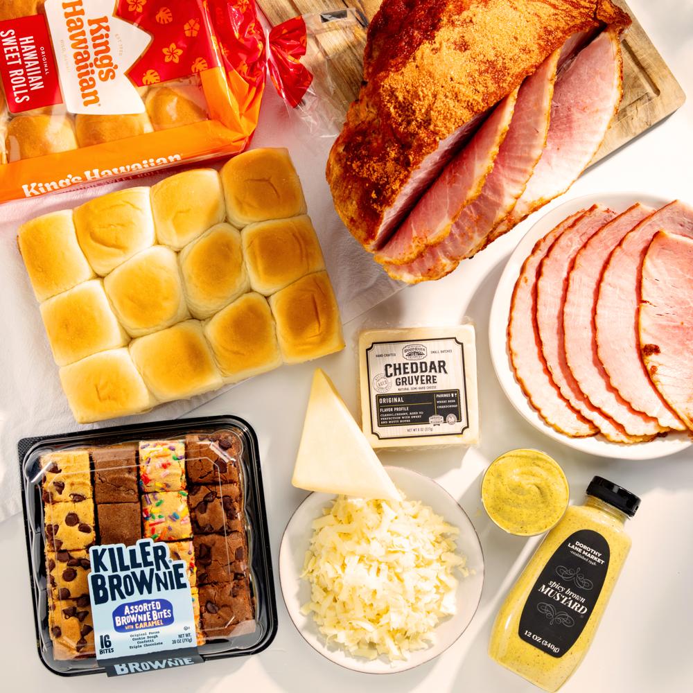 Heavenly Ham Slider Kit with Heavenly Ham, Kinig's Hawaiian rolls, Killer Brownie, cheese and mustard
