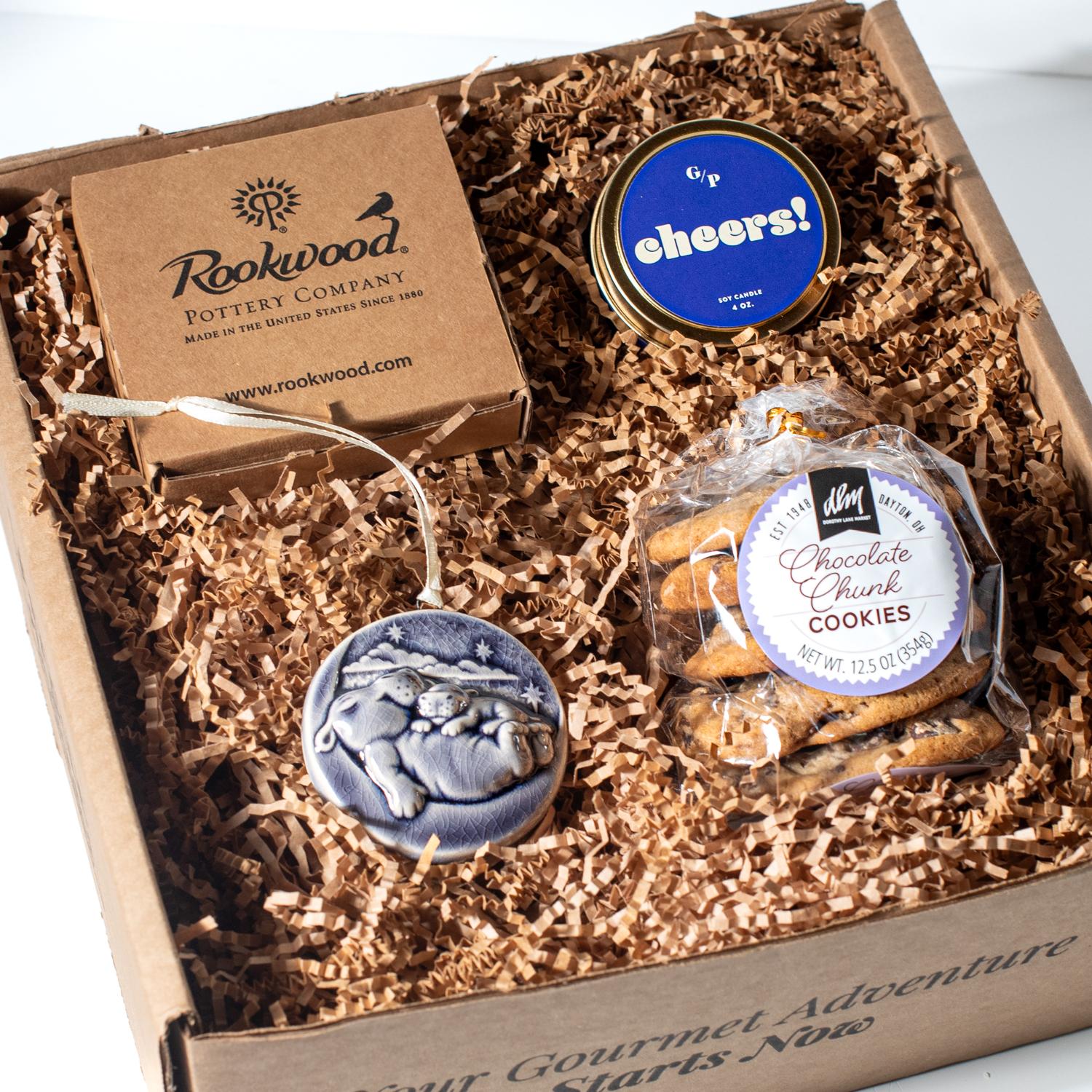 Happy Beginnings and Hippo Hugs Gift box featuring Fiona and Fritz ornament from Rookwood Pottery