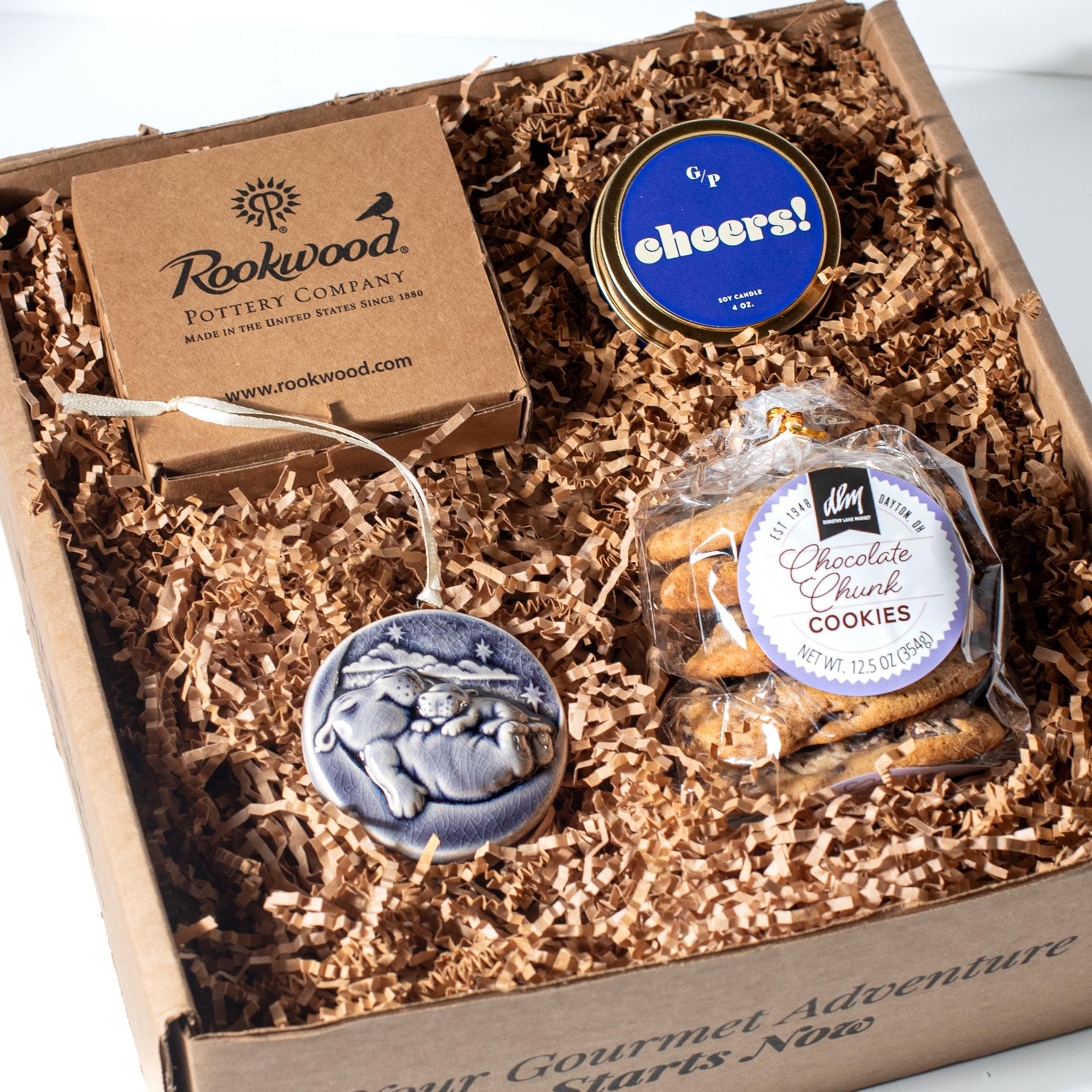 Happy Beginnings and Hippo Hugs Gift box featuring Fiona and Fritz ornament from Rookwood Pottery