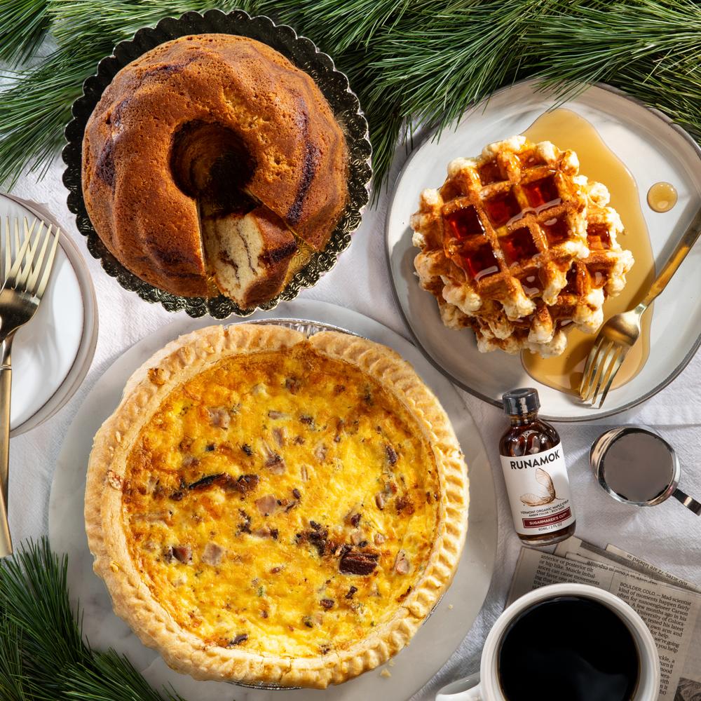 he, belgian waffles and cinnamon coffee cake and runamok maple syru
