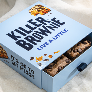 Killer Brownie Gift Luxe Box with slider drawer and 4 killer brownie treats with caramel and nuts