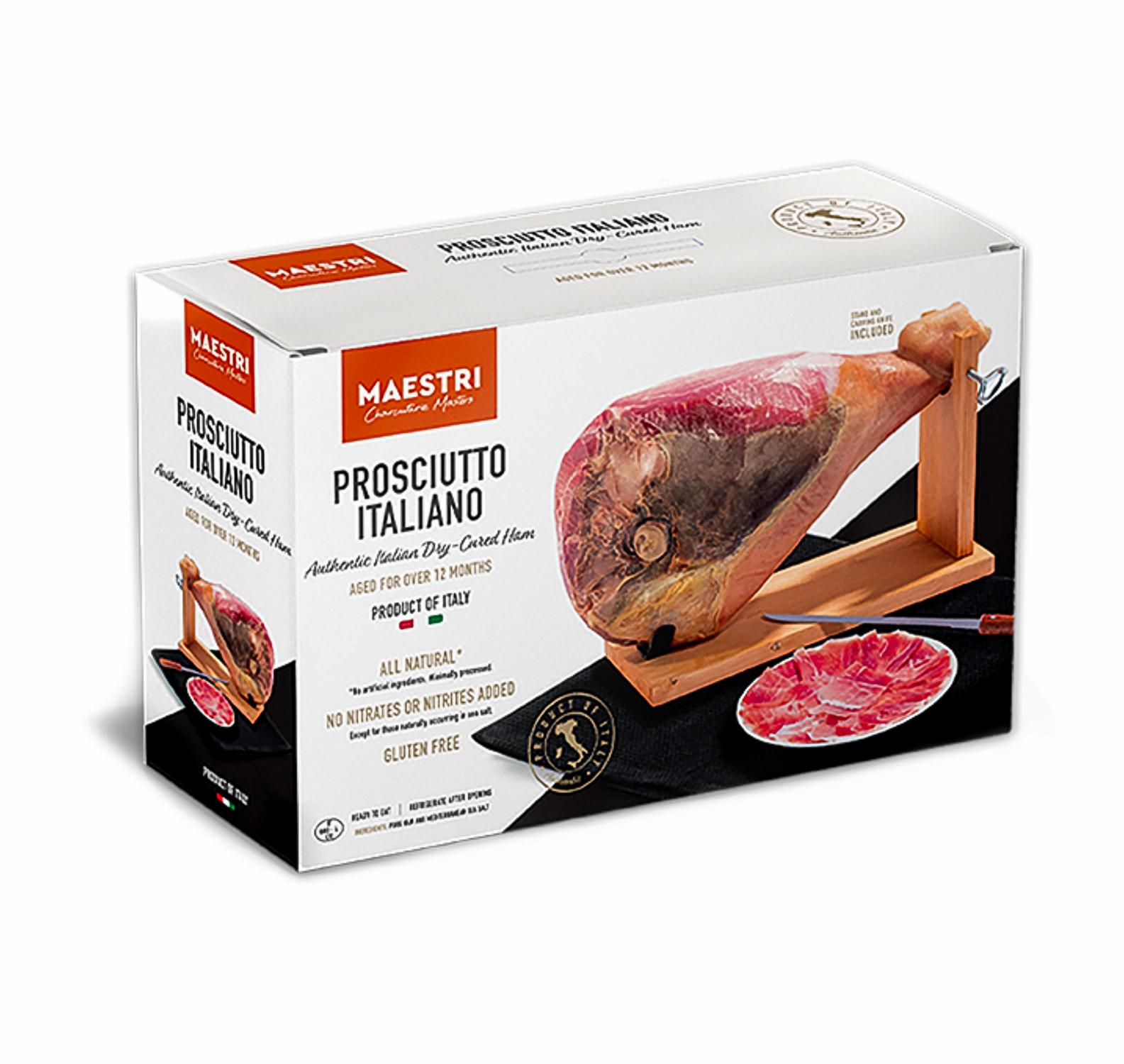 Maestri Prosciutto Italiano Whole Leg with Stand and knife Set