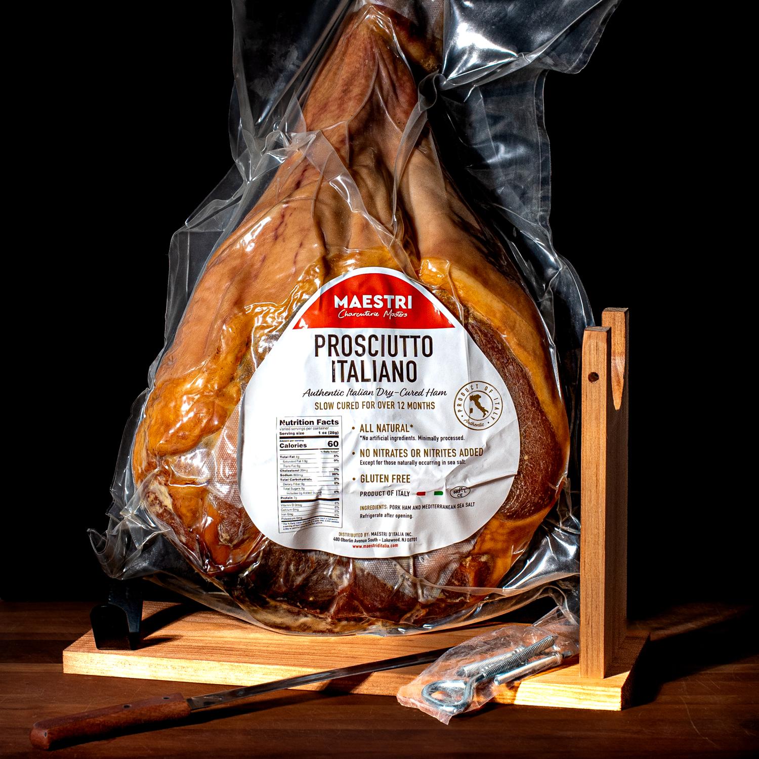 Maestri Prosciutto Italiano Whole Leg with Stand and knife Set