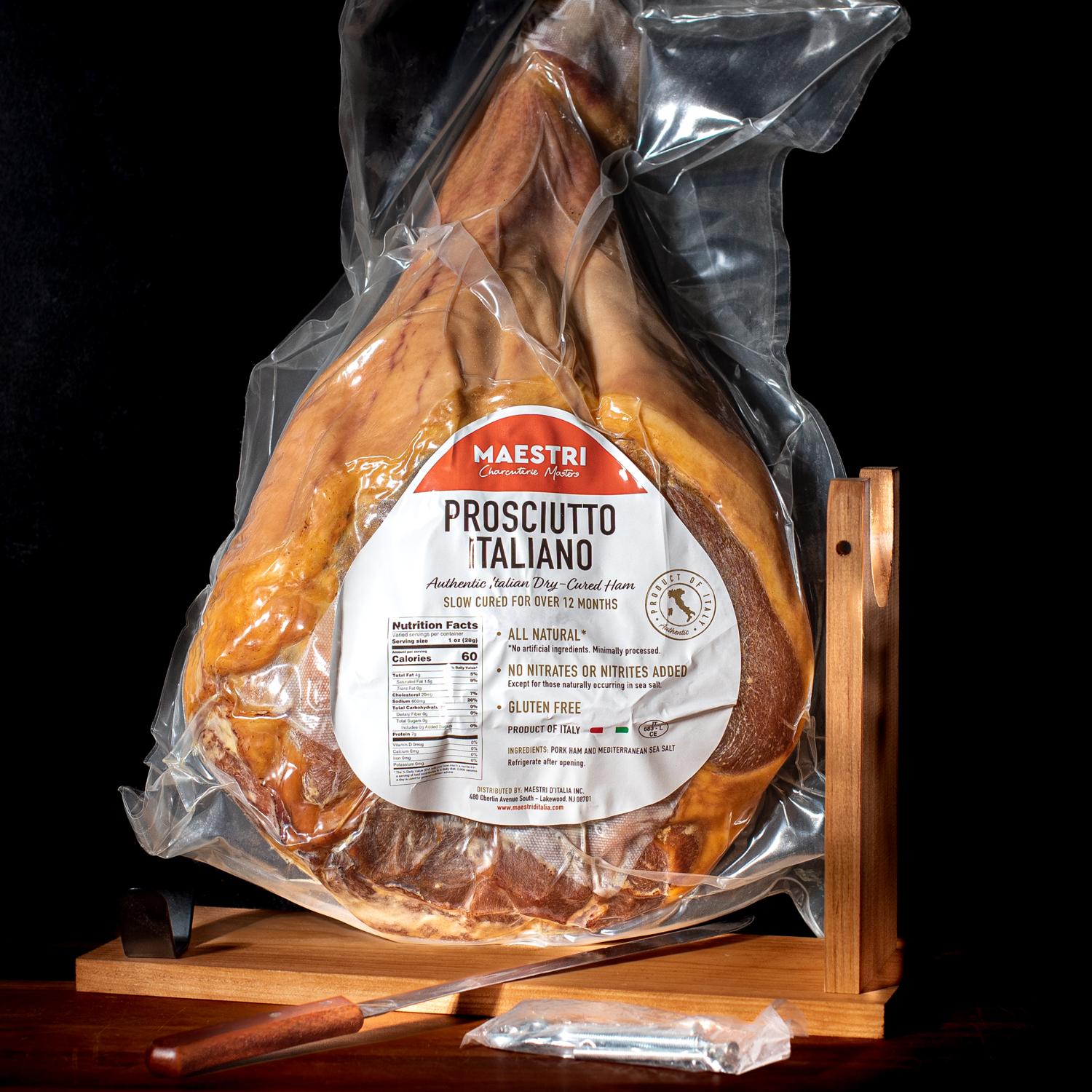Maestri Prosciutto Italiano Whole Leg with Stand and knife Set